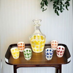 Vintage MCM decanter & six liqueur glasses  With Box By Arques Glassworks France